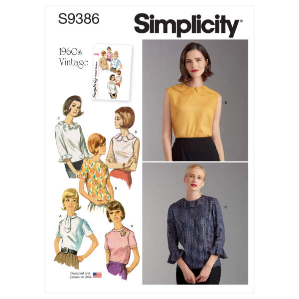 Simplicity sewing pattern S9386 featuring a 1960s vintage design. The cover shows illustrations of six blouse variations (A-F) with different collars and sleeves. Also pictured are two women wearing completed blouses: one in yellow (version A) and one in blue (version C).