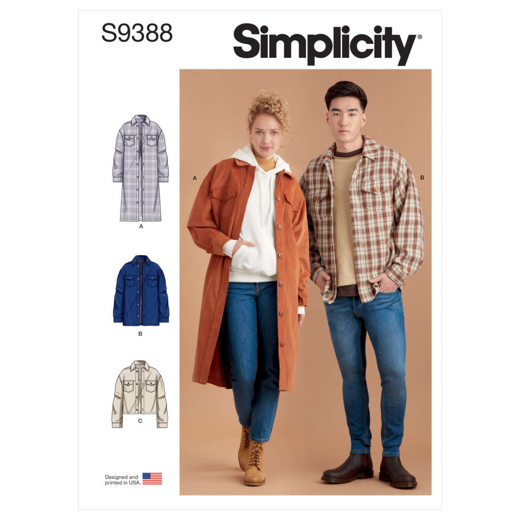 A sewing pattern cover featuring two models: a woman in a rust-colored long coat and a man in a plaid shirt jacket. Three additional design variations are shown: a long plaid coat, a denim jacket, and a beige coat. The pattern number, S9388, and brand, Simplicity, are displayed.