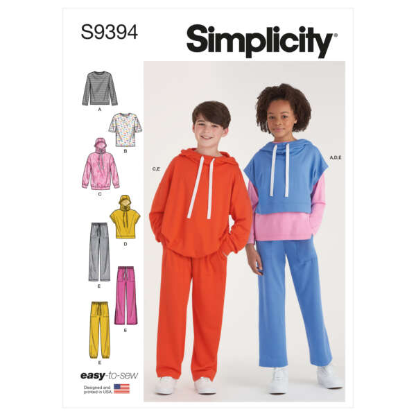 Simplicity pattern S9394 cover showing two children wearing hooded sweatshirts and sweatpants. The child on the left wears an orange outfit, while the child on the right wears a blue and pink outfit. Illustrated options A-E show variations in tops and pants.