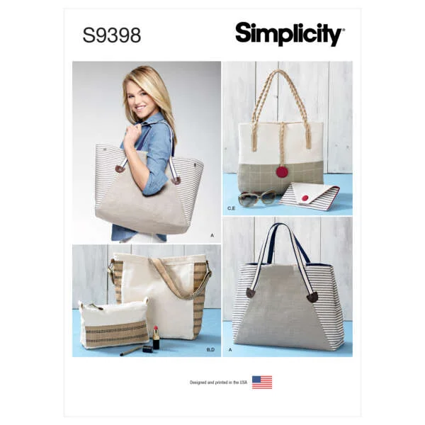 A sewing pattern cover featuring various tote bags. One model carries a beige and gray tote. The three other images show different styles of beige and striped totes with rope handles, some with accessories like a coin purse and makeup items. Pattern number S9398 by Simplicity.