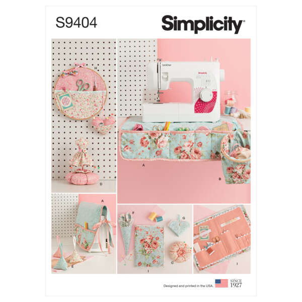 An instructional image for Simplicity pattern S9404, featuring a sewing machine surrounded by various quilted and floral fabric craft projects, including storage pouches, an apron, and organizers. The projects use pastel colors and floral prints.