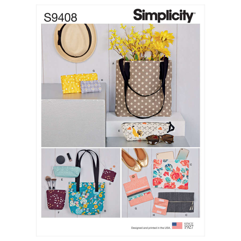 A variety of handmade bags and accessories are displayed in a Simplicity pattern catalog. Featured items include tote bags, makeup pouches, sunglass cases, and wallets in different fabrics and designs, such as polka dots, floral prints, and solid colors.