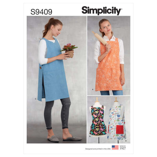 A sewing pattern package, Simplicity S9409, showcases four apron designs. Models wear aprons labeled as designs A, B, and C. Design D is displayed on a dress form. The aprons vary in style and fabric, including blue, orange, and multicolored prints.