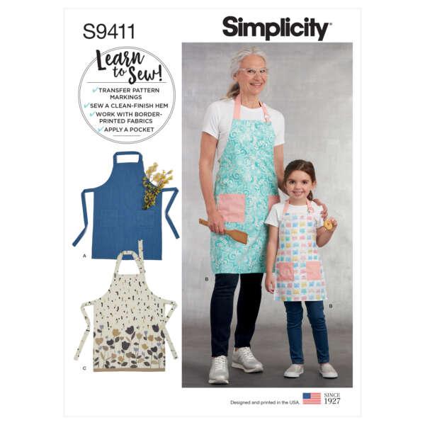 A Simplicity sewing pattern package (S9411) featuring two smiling individuals wearing handmade aprons. The main image showcases a woman in a turquoise apron and a child in a pastel apron. Three additional apron designs (A, B, C) are displayed on the side.