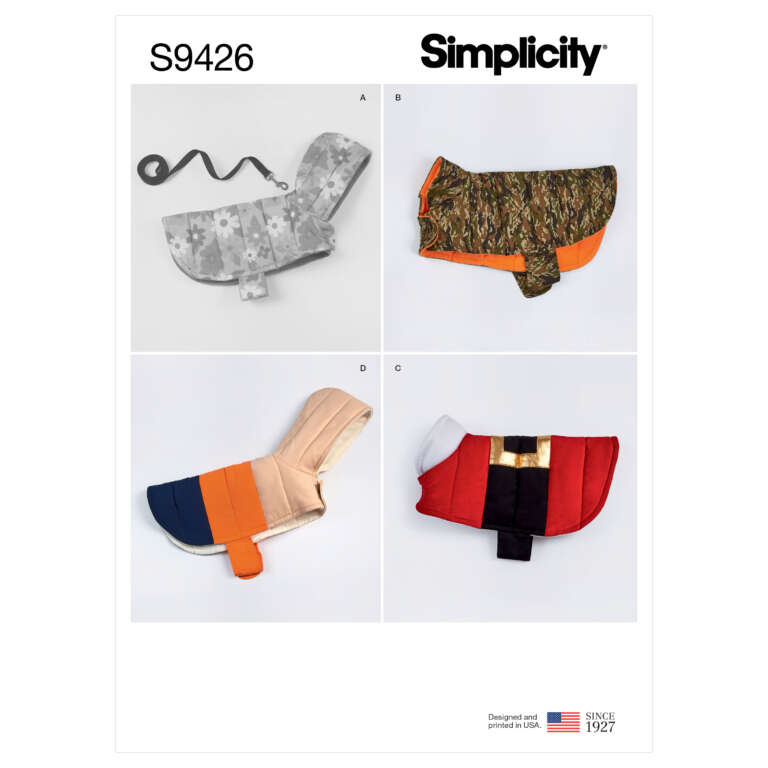 A sewing pattern package labeled "Simplicity S9426" showing four designed dog coats. Design A is a floral patterned coat with a rolled-up hood. Design B is a camouflage and orange coat. Design C is a color-blocked coat with blue, red, and beige sections. Design D is a red, black, and yellow coat.