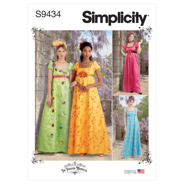 A Simplicity sewing pattern (S9434) features four women wearing Regency-era inspired dresses. The dresses come in different styles and fabrics: one green with floral appliqués, one orange with floral pattern, one pink with a collar, and one blue with floral design.