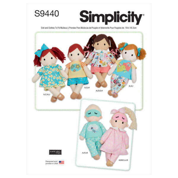 An illustration shows the Simplicity S9440 sewing pattern for dolls and their clothes. The pattern includes four dolls with different hair colors and styles, each wearing outfits in various prints and designs. The text indicates that these patterns are for 19-in (48.3-cm) dolls.