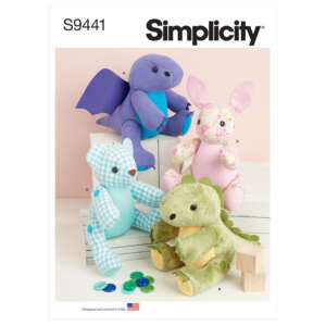 Image shows the cover of a Simplicity sewing pattern (S9441) for plush animals. It features four stuffed toys: a blue and purple dragon, a floral pink bunny, a blue and white plaid bear, and a green dinosaur. Some buttons and wooden blocks are scattered nearby.