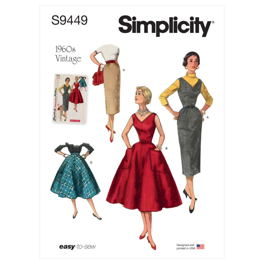 Simplicity pattern S9449 features 1960s vintage designs. The cover shows illustrations of four women, two wearing fitted dresses (one grey, one red) and two wearing skirts with tops (one plaid, one fitted). The text "easy-to-sew" and "Designed and printed in the USA" are included.