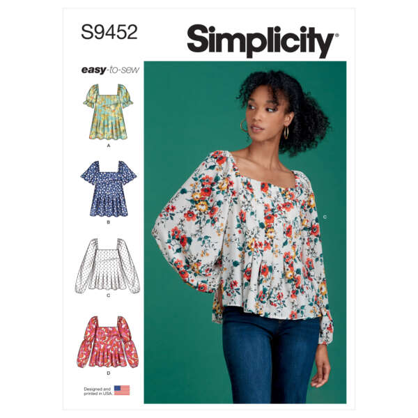 Simplicity sewing pattern S9452 featuring a woman modeling a floral long sleeve blouse. The pattern includes four blouse variations (A, B, C, D) with different sleeve and fabric options. The text "easy-to-sew" is highlighted, and the design is labeled for use in the USA.