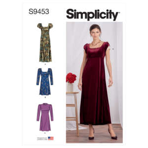 A sewing pattern package for Simplicity pattern S9453, featuring a woman wearing a burgundy velvet dress with short sleeves. The pattern includes three dress variations: a floral maxi dress with puff sleeves, a blue printed dress with long sleeves, and a purple dress with long sleeves.