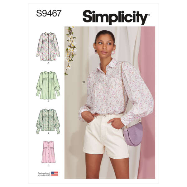 In the center of the image is a woman wearing a floral long-sleeve blouse paired with white shorts. Around her are design sketches of the same blouse pattern in different colors and styles. The text reads "Simplicity S9467" with the U.S. flag indicating its design origin.