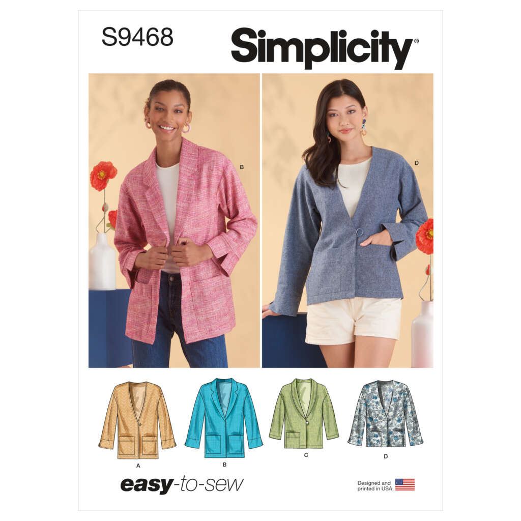 Simplicity sewing pattern S9468 shows four long-sleeve jackets in various fabrics. Two models wear the jackets: one in pink and one in blue. Below them are four drawn jacket designs in yellow, blue, green, and a patterned fabric. "Easy to sew" is written at the bottom.
