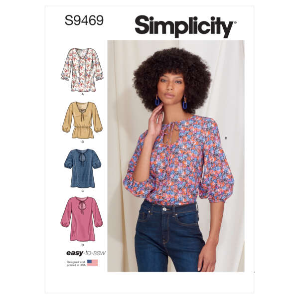 A woman is modeling a floral blouse from a sewing pattern labeled "Simplicity S9469." The pattern displays four blouse variations on the left: floral print, tan, denim, and pink. The text "easy-to-sew" appears at the bottom, and the blouse has a round neckline with ties.