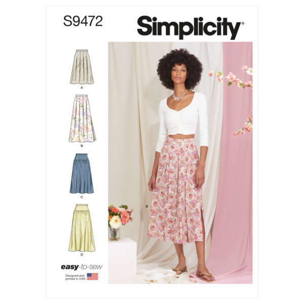 Simplicity sewing pattern S9472 envelope shows a model wearing a floral midi skirt, style B. The pattern includes diagrams for three additional skirt styles, labeled A, C, and D, on the left side. The text "easy to sew" appears at the bottom.