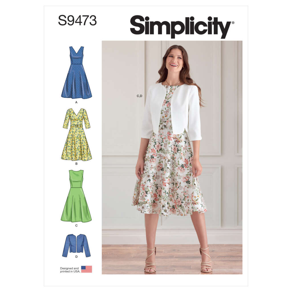 Pattern envelope for Simplicity S9473 shows four dress styles (A, B, C, D) with a woman modeling dress D and a short jacket. Dress D is knee-length with a floral print, while the jacket is white. Other dress variations include sleeveless, long sleeves, and solid colors.