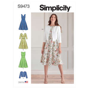 Pattern envelope for Simplicity S9473 shows four dress styles (A, B, C, D) with a woman modeling dress D and a short jacket. Dress D is knee-length with a floral print, while the jacket is white. Other dress variations include sleeveless, long sleeves, and solid colors.