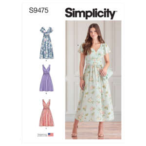 Simplicity pattern S9475 cover showcasing a woman wearing a long, floral dress with short flutter sleeves. The pattern offers three variations, with illustrations of dresses in floral, purple, and red designs on the left side. Designed and printed in the USA.