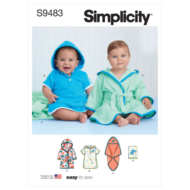 Two babies wearing hooded garments. Baby A on the right is in a green robe with blue trim, and baby B on the left is in a blue terry pullover with matching hood. The bottom shows illustrations of the garments: a floral hooded cover, a polka dot cover, and two swaddles.