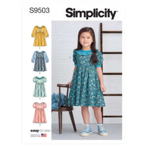Sewing pattern cover for Simplicity S9503, featuring a young girl wearing a blue floral dress with puffed sleeves. Below are illustrations of the same dress in different fabrics and sleeve styles. The label reads "easy-to-sew" and includes a U.S. flag.