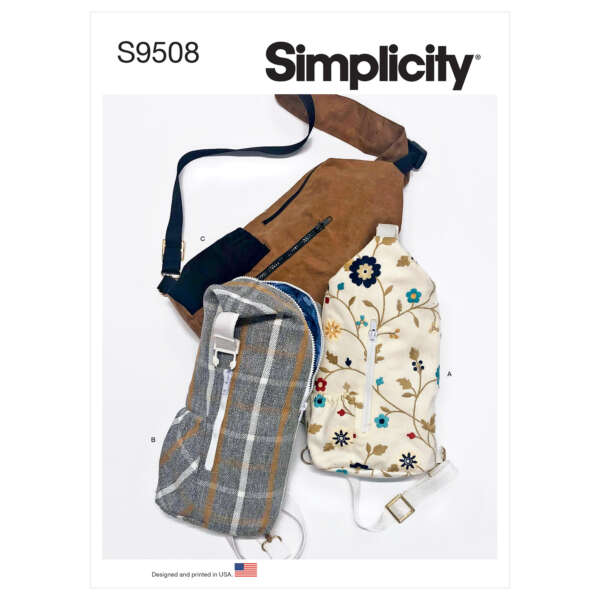 A Simplicity sewing pattern cover labeled S9508 displays three different sling-style bags. The bags vary in fabric and design: one is brown suede, another is gray with a plaid pattern, and the third features a floral print. An American flag indicating "Designed and printed in USA" is at the bottom.