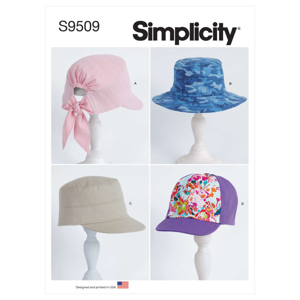 A product sheet titled "Simplicity S9509" features four hat designs: A) Pink tie-back hat. B) Blue camouflage bucket hat. C) Beige sun hat with a flat crown. D) Purple baseball cap with a colorful floral front panel. The bottom notes it is designed and printed in the USA.