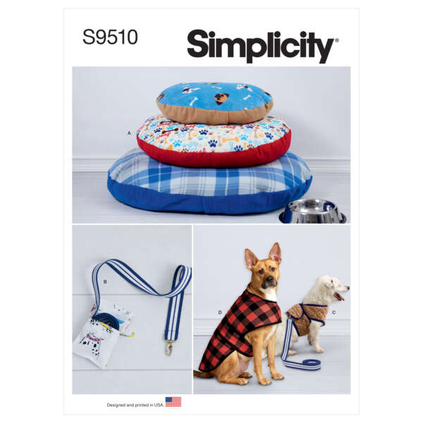 An image of a Simplicity sewing pattern cover (S9510) featuring pet accessories. It showcases round pet beds in different fabrics, two dogs wearing harnesses and vests, and leash holders. The pattern is printed in the USA.