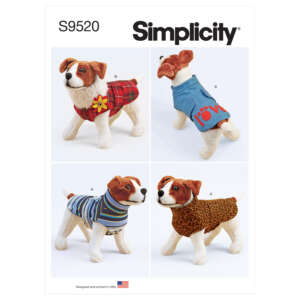 Pattern cover showing a dog mannequin dressed in four different outfits: a red plaid jacket with a flower, a denim jacket with red hearts on the back, a blue and yellow striped shirt, and a leopard print vest. Simplicity logo and pattern number S9520 are at the top.