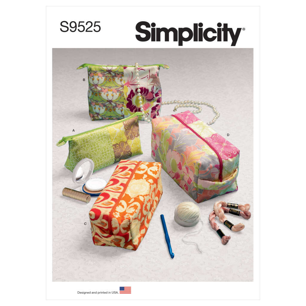 A catalog page labeled "Simplicity S9525" featuring four colorful, patterned fabric cosmetic bags (A, B, C, D) arranged on a surface with various sewing supplies and accessories. An American flag icon is shown at the bottom, indicating "Designed and printed in USA.