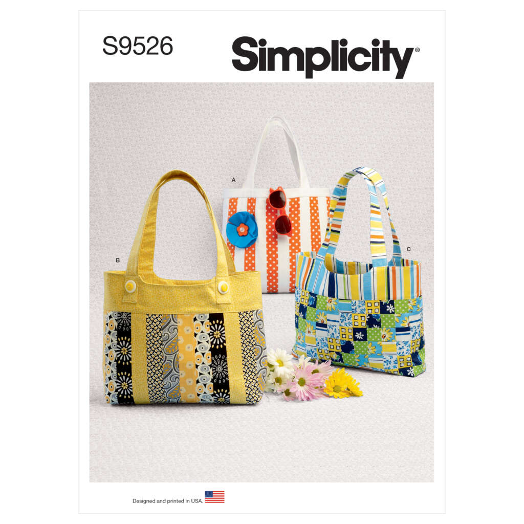 A sewing pattern envelope for Simplicity S9526 shows three different tote bags. Bag A is white with red vertical stripes and decorative flowers. Bag B is yellow and black with floral patterns. Bag C features a patchwork of various colored stripes and squares.