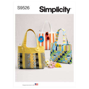 A sewing pattern envelope for Simplicity S9526 shows three different tote bags. Bag A is white with red vertical stripes and decorative flowers. Bag B is yellow and black with floral patterns. Bag C features a patchwork of various colored stripes and squares.