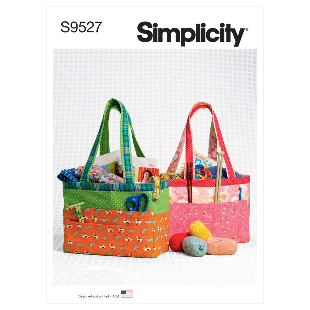 A Simplicity sewing pattern cover (S9527) featuring two colorful, fabric organizer bags filled with various items. One bag is green with orange pockets, and the other is pink with red pockets. Balls of yarn are placed in front of the bags.