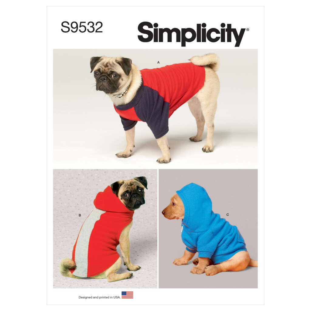 A Simplicity sewing pattern cover (S9532) shows three dogs wearing homemade outfits. The top photo (A) features a Pug in a red and blue hoodie. The bottom-left photo (B) shows a Pug in a red and white hoodie. The bottom-right photo (C) is a yellow lab puppy in a blue hoodie.