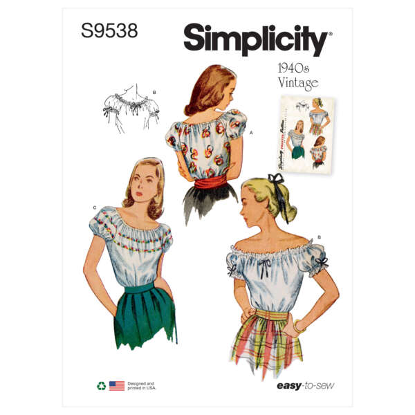 A vintage sewing pattern cover labeled "Simplicity S9538." It shows three women wearing 1940s-style blouses with off-the-shoulder designs. One blouse is shown with a floral pattern, another in plaid, and the third in a solid color.