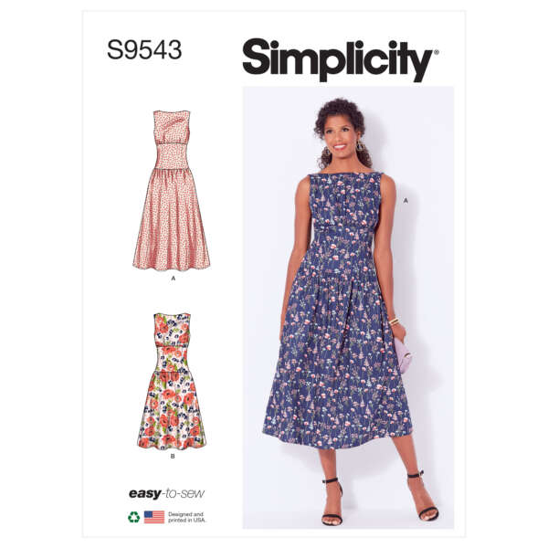 A Simplicity sewing pattern (S9543) for a sleeveless dress with a fitted bodice and a full skirt. The main image shows a woman wearing version B, a navy floral print dress. Two smaller illustrations feature versions A and B, depicting different fabric patterns.