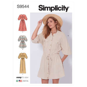 Image of a Simplicity sewing pattern package (S9544) for an easy-to-sew women's dress. The package shows a model wearing a cream-colored dress with a hat. Three variations of the dress design (A, B, C) are displayed on the left side, each featuring different lengths and sleeve styles.
