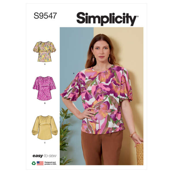 A sewing pattern cover for Simplicity S9547. It features a model wearing a colorful floral blouse and showcases three additional blouse designs in yellow, pink polka dots, and a multicolor pattern. The text indicates it's an easy-to-sew pattern made in the USA.