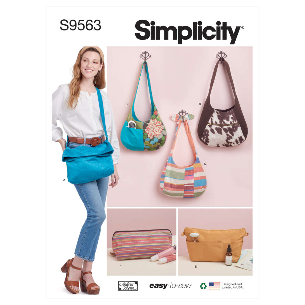 A sewing pattern cover featuring a woman modeling a blue shoulder bag. The pattern includes designs for five different bags: a white and black cow-print bag, a colorful striped bag, a round blue bag with floral detail, and a mustard yellow pouch. The text reads "Simplicity S9563.".