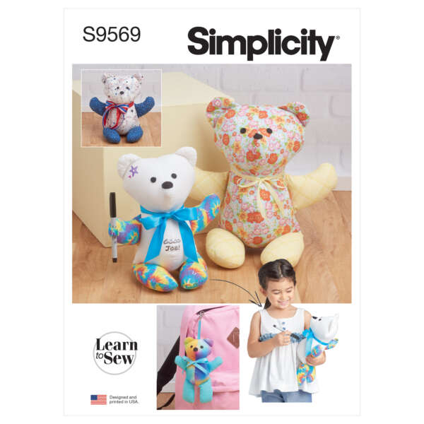 Cover of Simplicity sewing pattern S9569. It features three teddy bears made from fabric. One is in floral print, another is white with a blue ribbon, and the third has a multicolor pattern. A child is shown holding one bear, and a fourth bear is attached to a backpack.