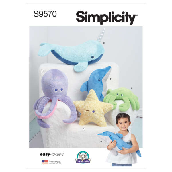 Cover of Simplicity pattern S9570 featuring sewing patterns for plush toys, including a blue narwhal, a purple octopus, a yellow starfish, a green crab, and a small girl holding a blue whale. The text at the bottom indicates the patterns are "easy-to-sew.