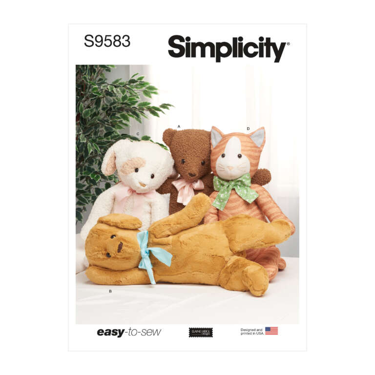 Pattern cover featuring four plush animal dolls: a white lamb with a pink ribbon, a brown bear with a green ribbon, an orange and white cat with a green ribbon, and an orange bear with a blue ribbon. The design number "S9583" and the "Simplicity" brand are displayed at the top.
