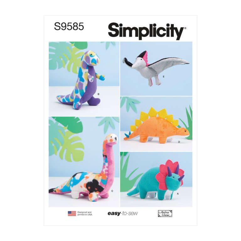 A sewing pattern for stuffed, colorful dinosaur toys from Simplicity, pattern number S9585. The cover features photos of five different dinosaur designs, labeled A through E, showcasing various fabric patterns and colors. The pattern is marked "easy-to-sew.