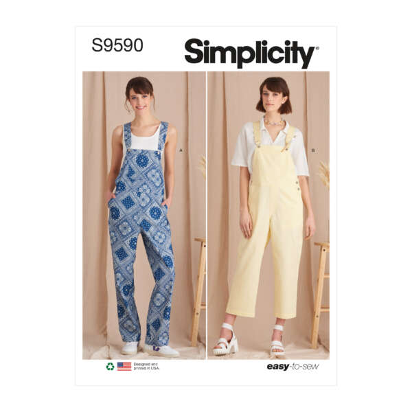 Simplicity pattern S9590 sewing template cover showing two models. Model A wears blue patterned overalls with a white shirt. Model B wears light yellow overalls with a white shirt. Both are standing against neutral backdrops, showcasing "easy-to-sew" designs.