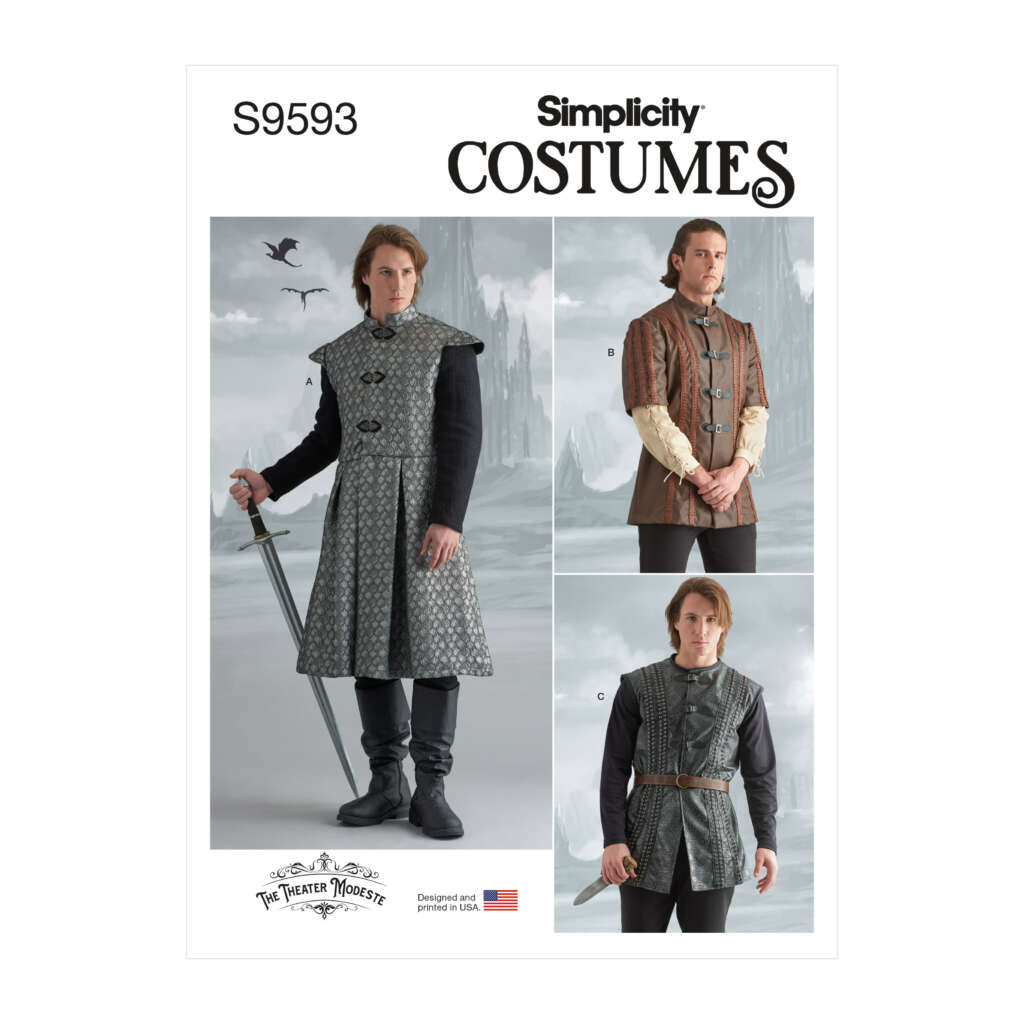 A sewing pattern cover titled "Simplicity Costumes" with code S9593. It displays three medieval-inspired costume designs: a long, patterned tunic with a sword (A), a brown vest over a shirt (B), and a belted, textured tunic (C). Designs by The Theater Moguls.