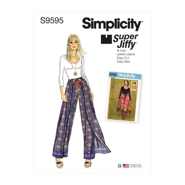 Illustration of a Simplicity sewing pattern cover featuring women's wide-leg pants. The model is wearing a white top and colorful patterned pants with a red sash. The pattern is labeled "S9595" and is part of the "super Jiffy" collection. The front of the packaging includes a photo of completed pants.