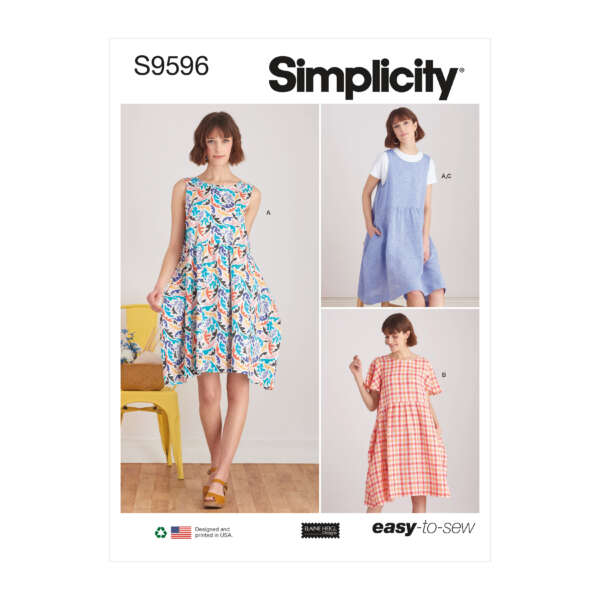 Pattern envelope image for Simplicity S9596. It shows three views of a women's dress pattern: View A is a sleeveless, floral-print dress; View B is a short-sleeve, gingham dress; View AC is a short-sleeve dress layered over a T-shirt. The tagline reads "easy-to-sew.