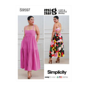 Pattern cover for Simplicity S9597 from the "Mimi G" brand. Two views of a woman modeling different dress styles: one in a solid pink tiered maxi dress, and the other in a multicolored bold print skirt paired with a pink bodice. Text indicates "Easy-To-Sew".