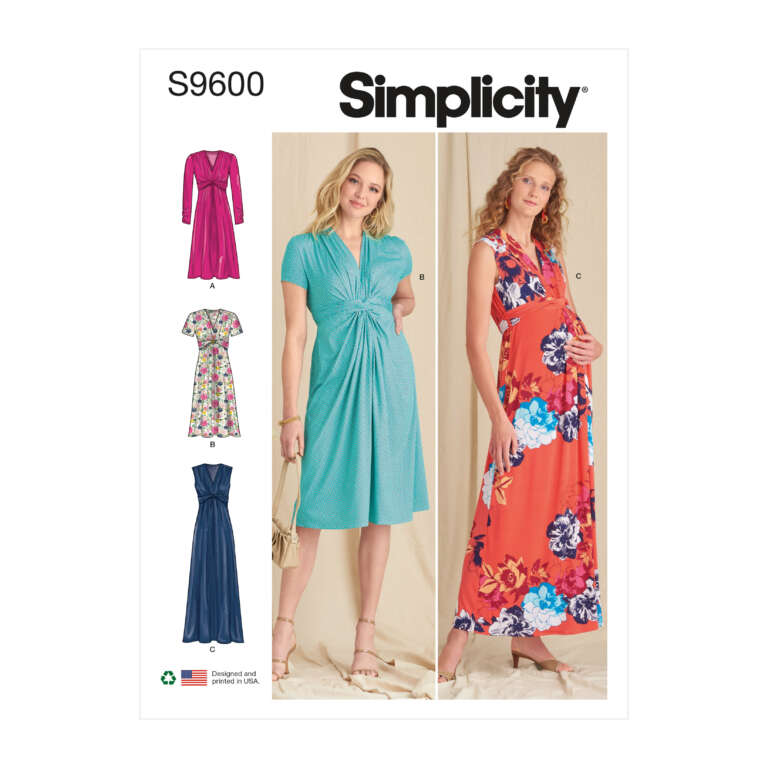 Simplicity sewing pattern S9600 features women wearing various dresses. The cover displays models showcasing dresses A through D: a magenta, a floral print, a turquoise with a twist detail, and an orange floral maxi dress.