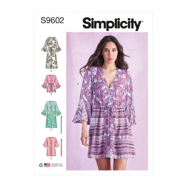 A sewing pattern cover from Simplicity, labeled S9602, shows a woman in a colorful, patterned, belted kimono-style dress with flared sleeves. Below, four variations are shown: a short dress, a mid-length option, a knee-length option, and a long-dress version.