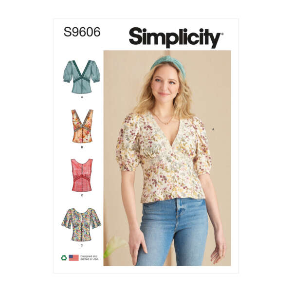 Simplicity S9606 sewing pattern envelope featuring a model wearing a floral V-neck top with puff sleeves and blue jeans. Includes views of 4 different tops: A (puffed sleeves), B (sleeveless), C (button-front), and D (sleeves with a bow detail on the back).